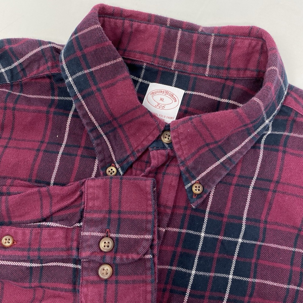 Brooks Brothers Button Down Mens XL Burgundy Plaid Cotton Flannel Polo Shirt